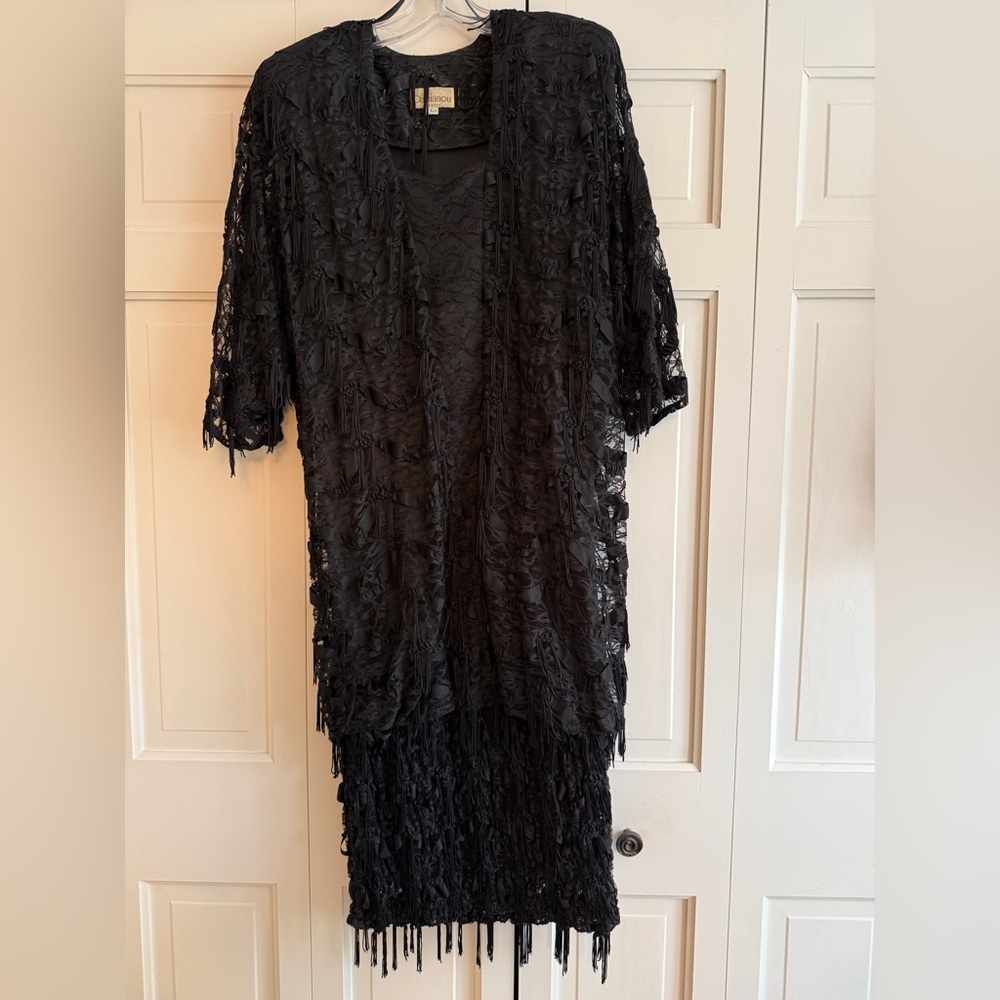 Damianou Elegant Black Lace with Fringe Cocktail Dress